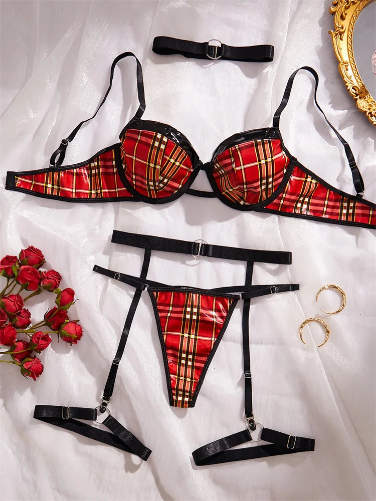Sexy Christmas Lingerie Pu Leather Bra and Panty Set Red Plaid Sexy Push Up Lingerie 4 Pieces Erotic Sets Underwear Women Fancy 241031