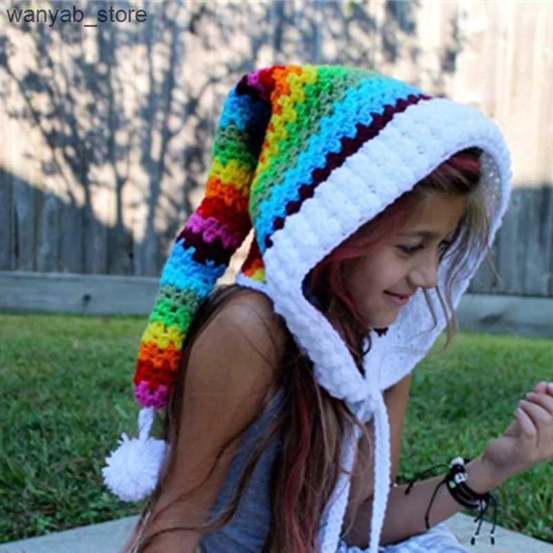Wide Brim Hats Bucket Hats Childrens crochet rainbow long tail hat wizard elf knitted wool warm hat men and women thickened winter long braided hat L2