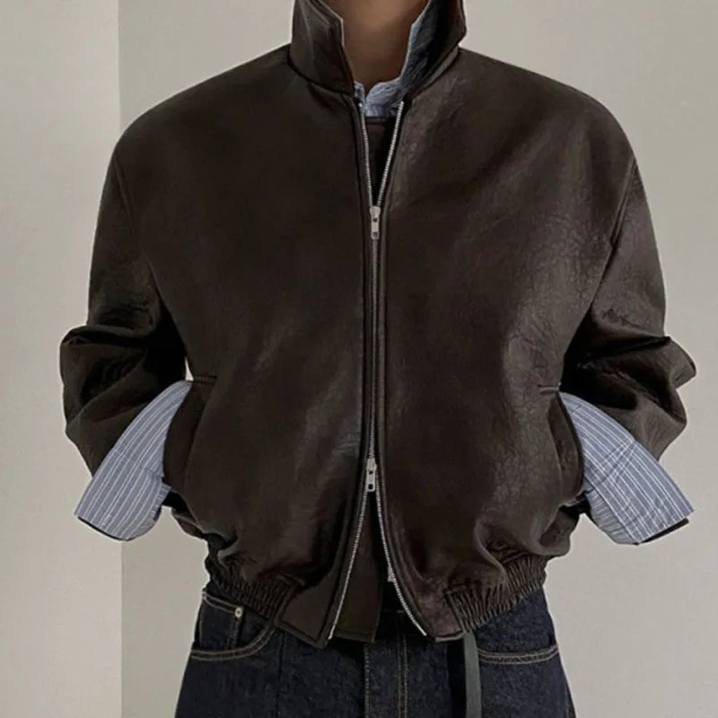 IEFB Short PU Leather Coat Mens Spring/Summer Loose Collar Coat Korean Trend Mens Jacket Casual Top 9C5013 241031