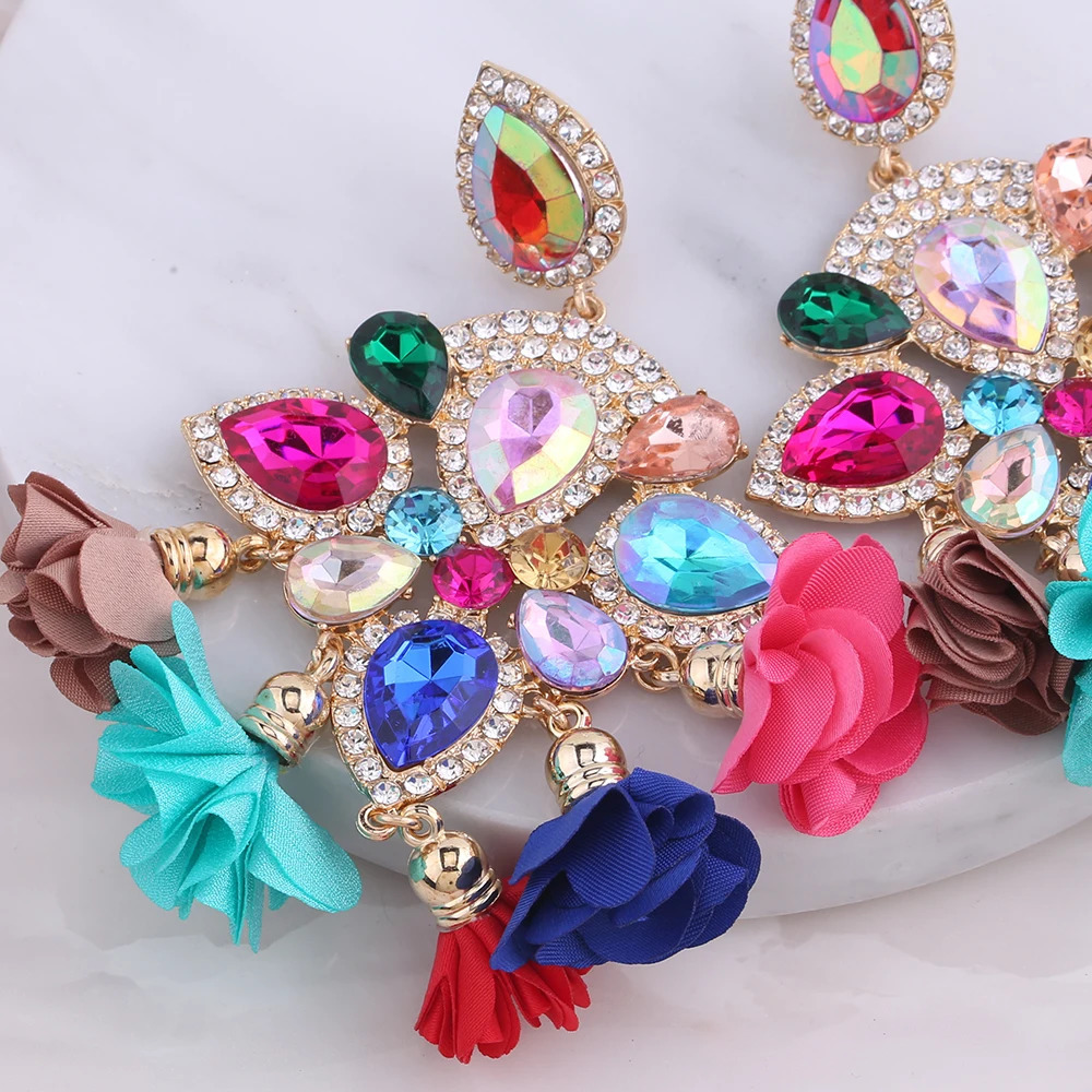 Indian womens earrings bohemian colored floral fringe earrings rhinestone pendant crystal statement earrings jewelry 241031