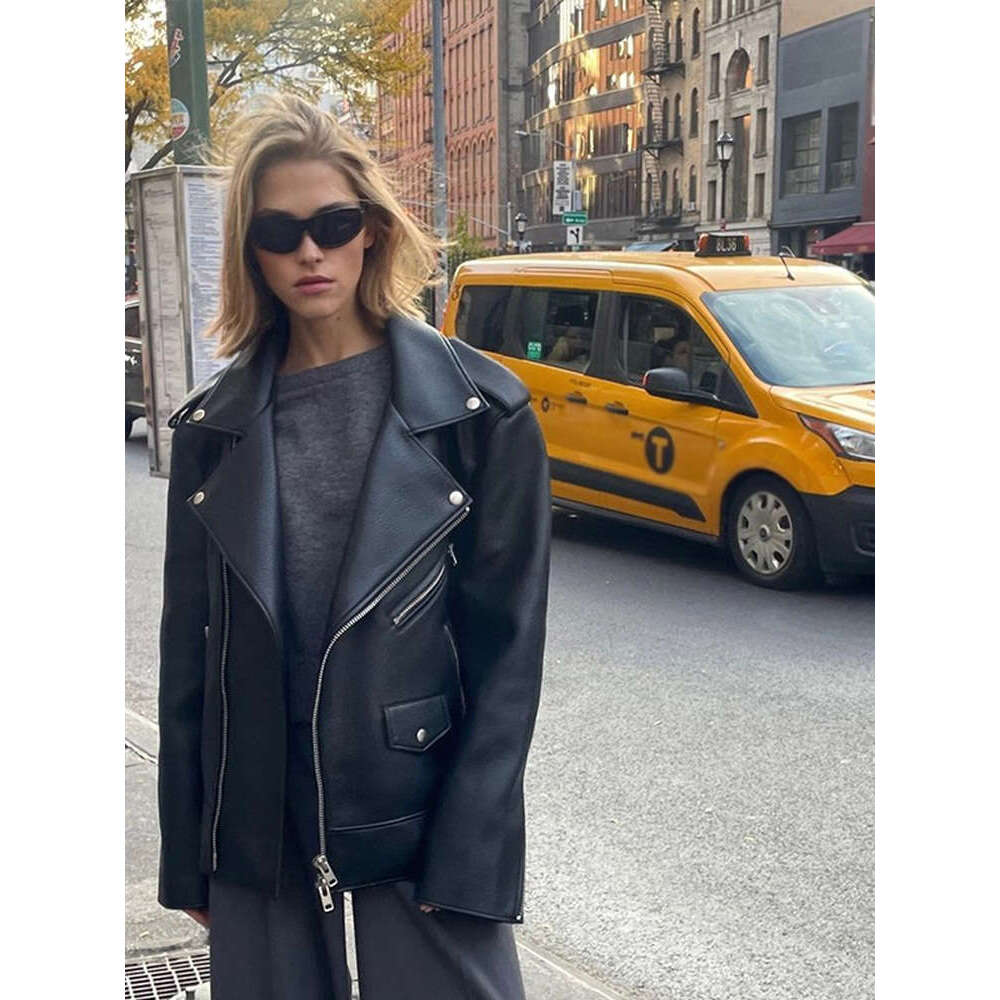 Designer Street PU Leather With Collar Long Sleeve Zipper Fashion Jacket, New Motorcycle Casual Loose Women's S M L XL 2Xl Jacket