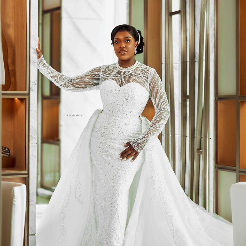 2024 Plus Size African Mermaid Wedding Dress Detachable Train Bridal Gowns For Bride Illusion High Neck Long Sleeves Beaded Lace Wedding Gowns For Bla