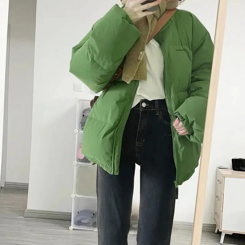 Winter Fashion Stand Collar Long Sleeve Solid Parkas Womens Clothing Korean Loose Warm Thicken All-match Zipper Vintage Top 241031