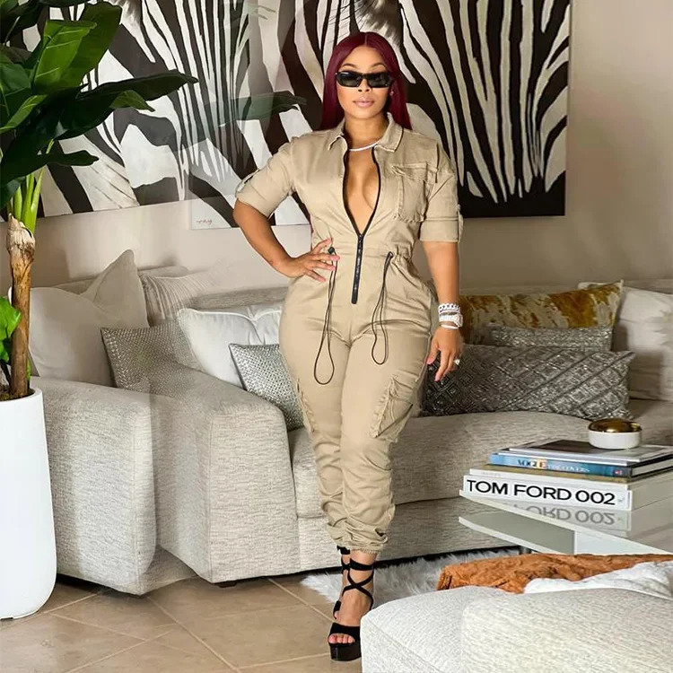 Tight Waist Jumpsuits Women Work Overalls Casual Half Sleeve Summer One Piece Pocket Long Cargo Pants Rompers Long Bodysuit 241031