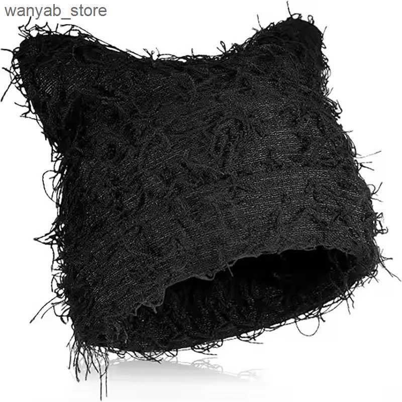 Wide Brim Hats Bucket Hats Hip Hop Distressed Knitted Caps Unisex Winter Y2k Cat Ears Little devil Beanies Outdoor Fuzzy Thick Warm Balaclava Hat L240