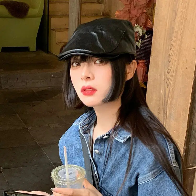 Leather Hat Black Beret Female Summer Personality Retro British Backward Forward Cap Autumn Winter Painter Outdoor Fashion M548 241031
