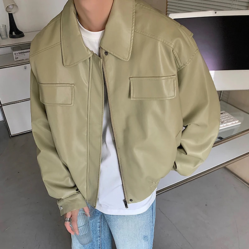 Mens casual textured PU leather jacket with street zipper lapel long sleeved retro jacket pocket model 241031