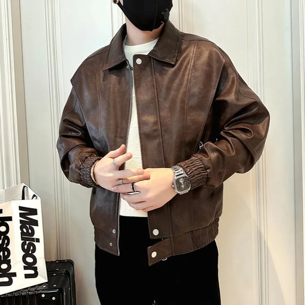 Mens leather jacket pocket zipper leather jacket autumn casual streetwear trend daily top mens unisex 241031