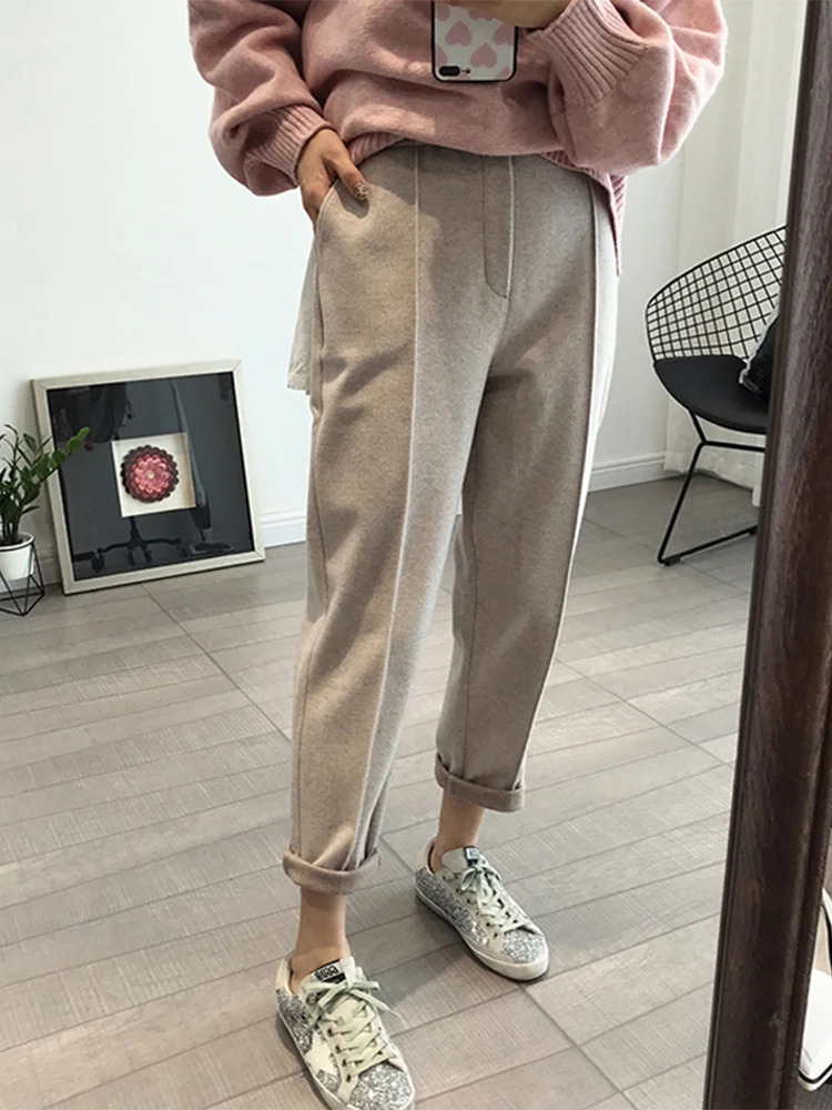 Winter Thicken Women Pencil Pants Wool Pants Female Autumn High Waist Loose Trousers Capris Good Fabric 241031