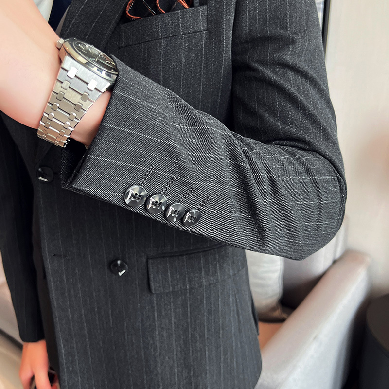 (Jacket Vest + Pants) Brand Boutique Striped Thick Mens Slim Casual Business Double-Breasted Suit 3Pcs Set Groom Wedding Dress