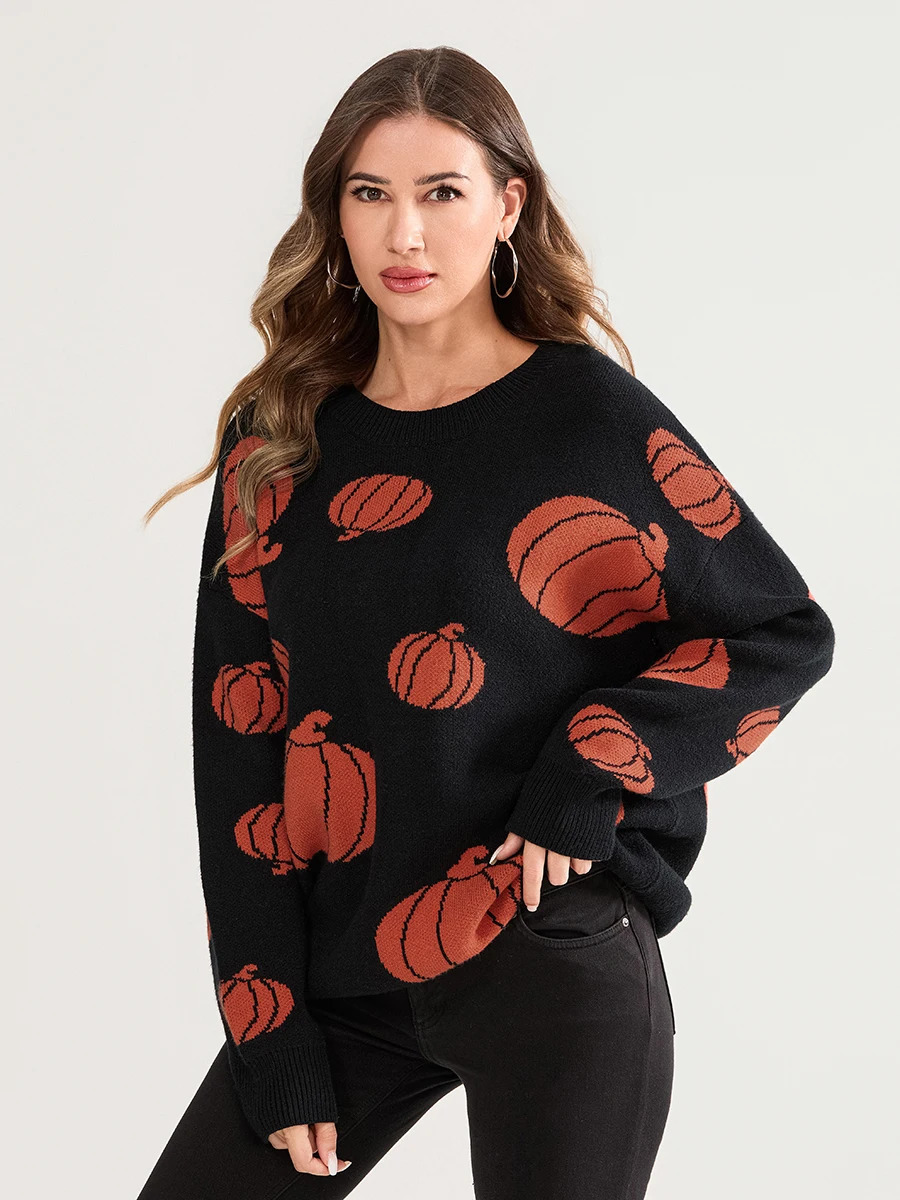Women Halloween Knit Sweater Ghost Pattern Long Sleeve Round Neck Pullovers Fall Winter Casual Jumpers Tops with Spooky Vibes 241029