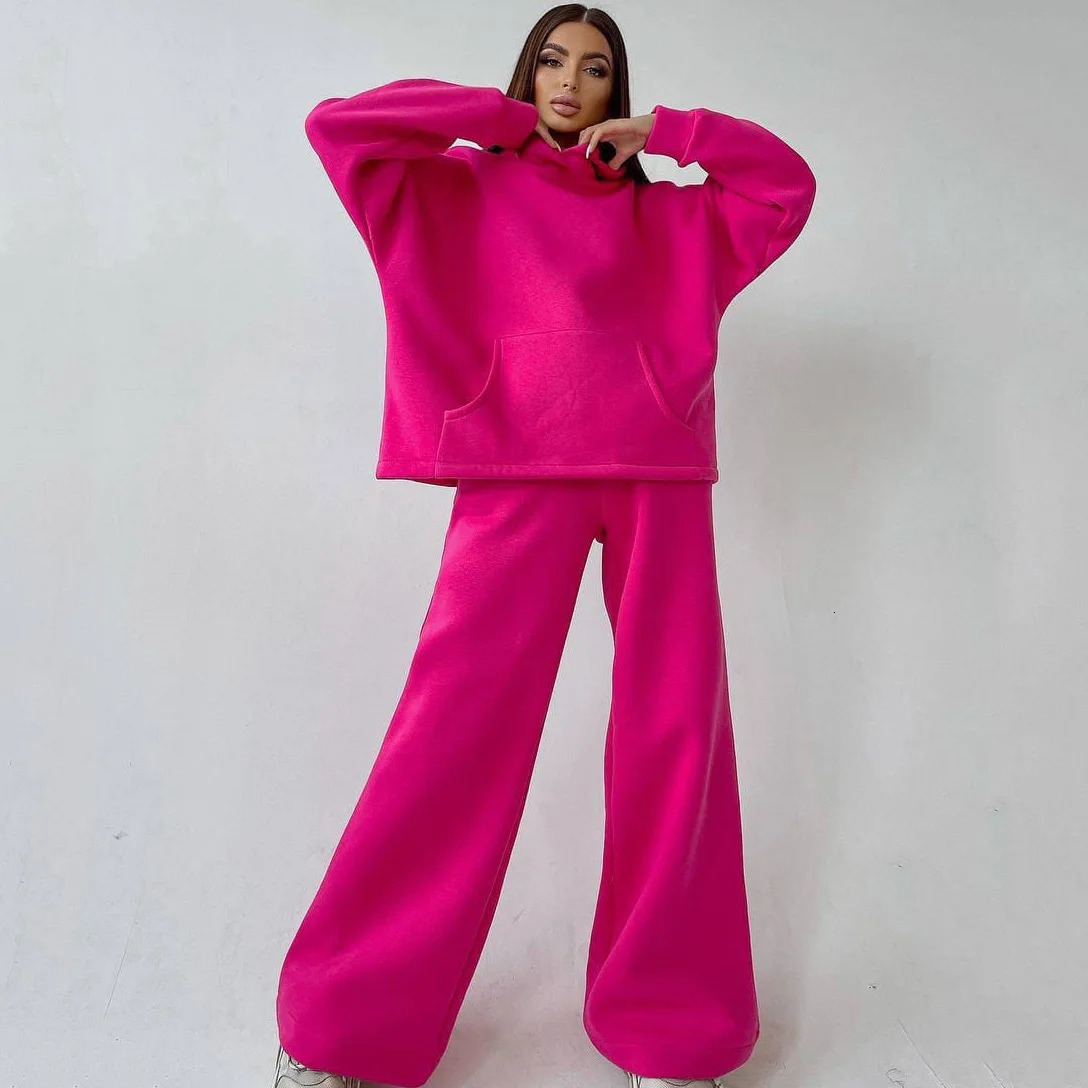 Autumn Hooded Pocket Sweatshirt Suit Womens Chic Streetwear Loose Wide Leg Pants Sweatshirts 2pcs Set Tracksuit Outfit 241029