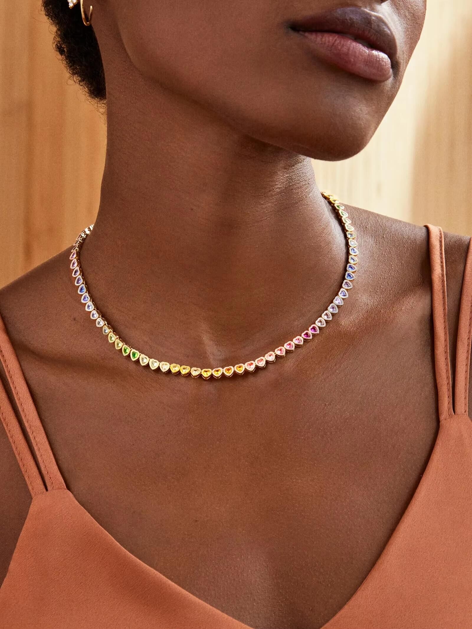 Iced Out Rainbow Heart Zircon Choker Necklace | Gold Plated Cubic Zirconia Fashion Jewelry for Women Men