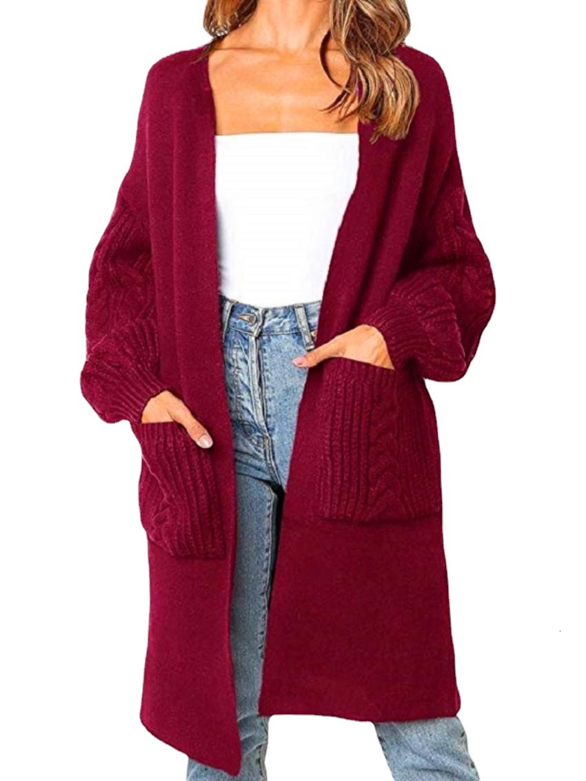 Solid Medium Length Knitting Cardigan In Autumn And Winter New Fried Dough Twists Lantern Sleeve Sweater For Women F110142