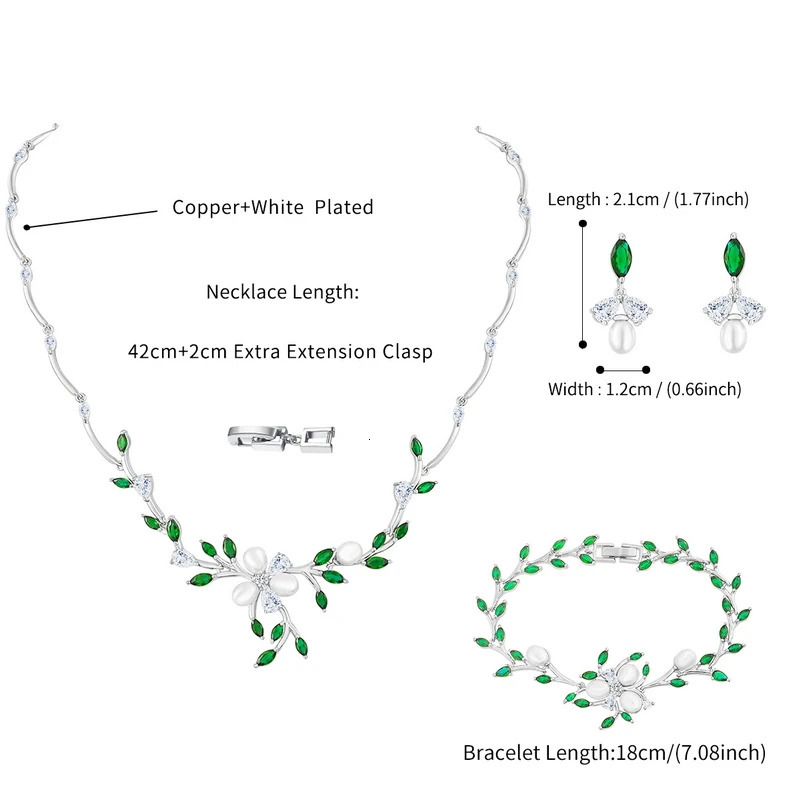 WEIMANJINGDIAN Wedding Zircon and Pearl Vine Necklace Bracelet and Earrings Bridal Jewelry Set Blue Green Lilac 241031