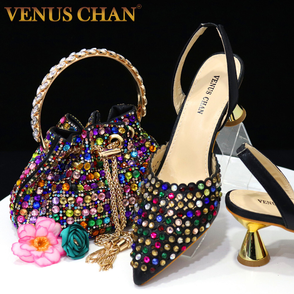 Venus Chan 2023 New INS High-Heeled Pointed Toe Wedding Shoes Colorful Full Dia Design Shoe And Bag Set For Nigeria Party 241110
