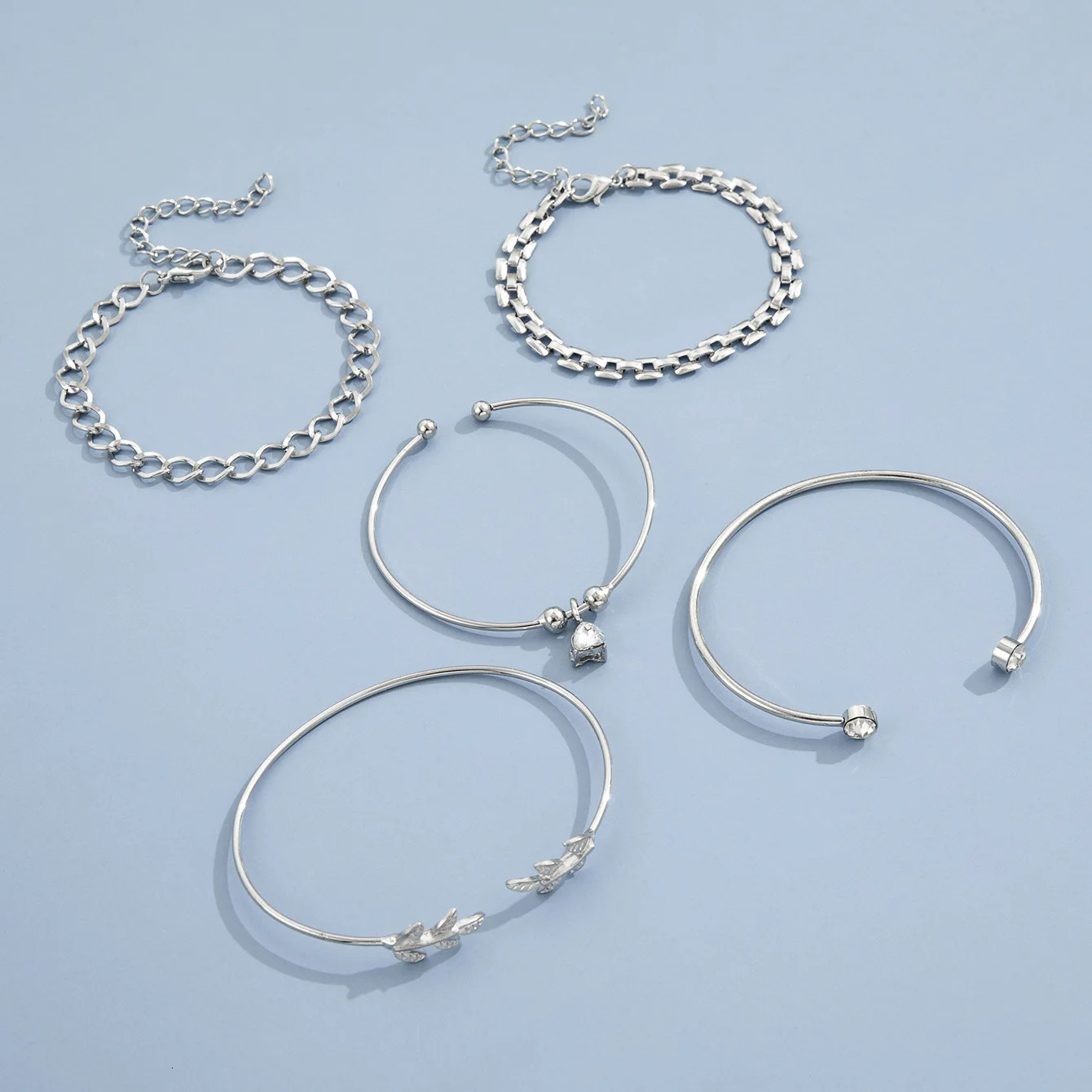 Bohemian Silver Color Geometric Link Chain Bracelet Set For Women Crystal Leaf Open Cuff Bangle Female Boho Jewelry Accessory 241031