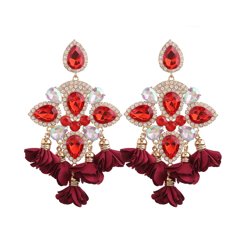 Indian Womens Floral fringe Bohemian Earrings Large Rhinestone Pendant Crystal Declaration Earrings Fashion Jewelry Gifts 241031