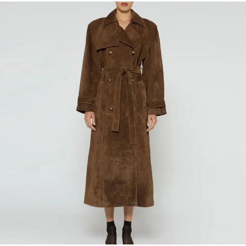 Suede womens long windproof coat full sleeved coat high street coat fashion belt brown autumn and Wi Fi 241031