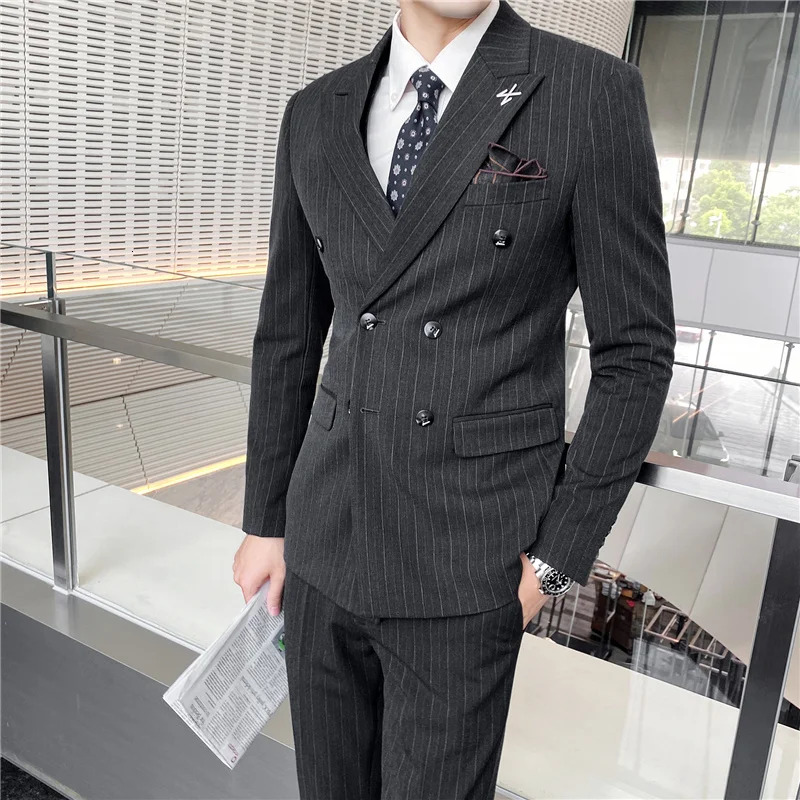 ( Blazer Vest + Pants ) Fashion Striped Formal Business Double-Breasted Men's Casual Suit Groom's Wedding Dress Party Tuxedo