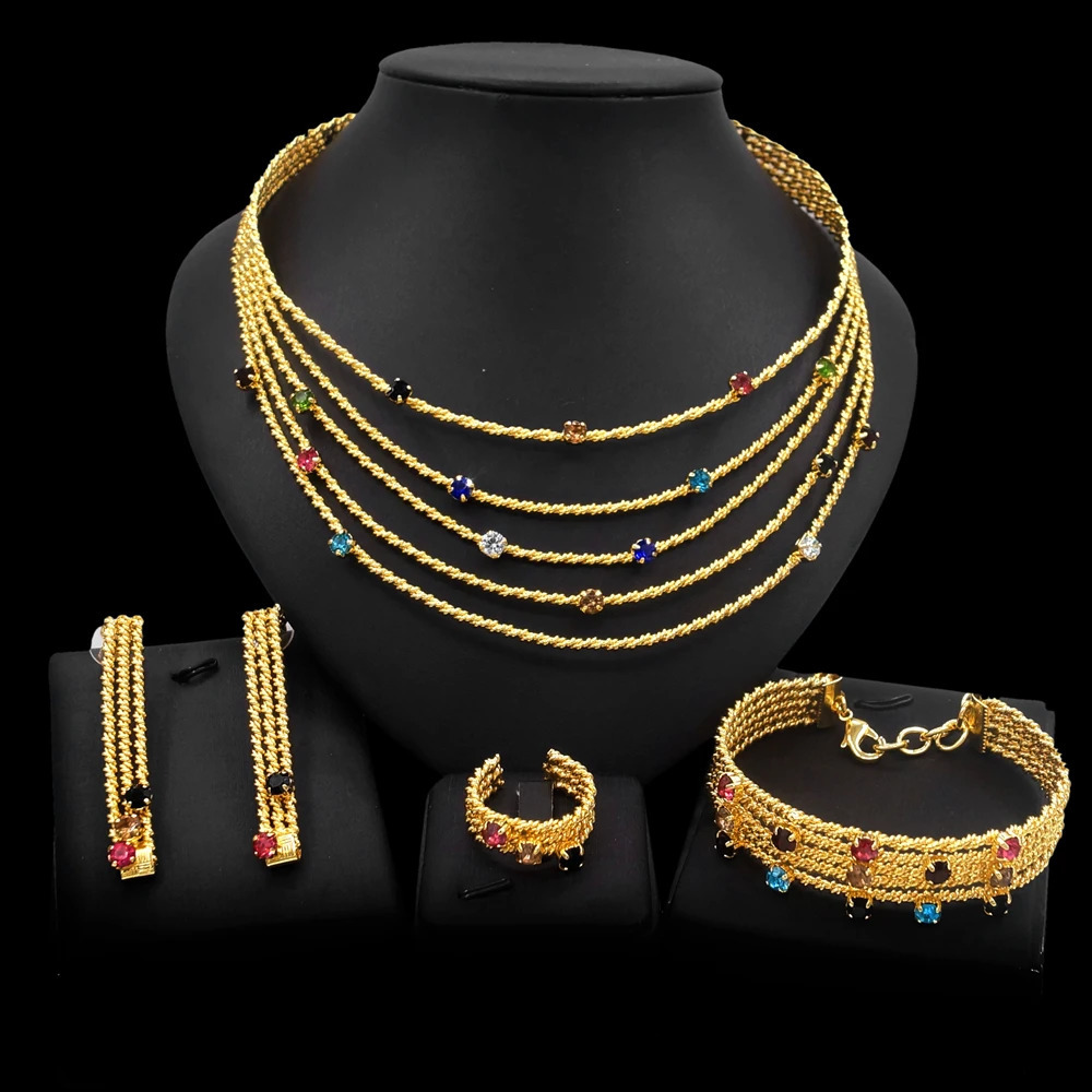 Womens jewelry set Brazilian gold necklace colorful artificial stone bracelet hollow n gift banquet jewelry 241031