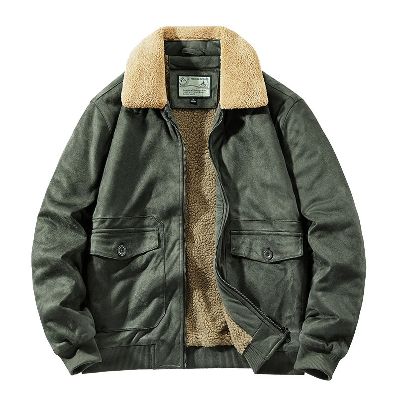 Autumn Winter Suede Jacket Fleece Men Fur Collar Leather Coat Male Thicken Warm Bomber Windbreaker Parkas 241031
