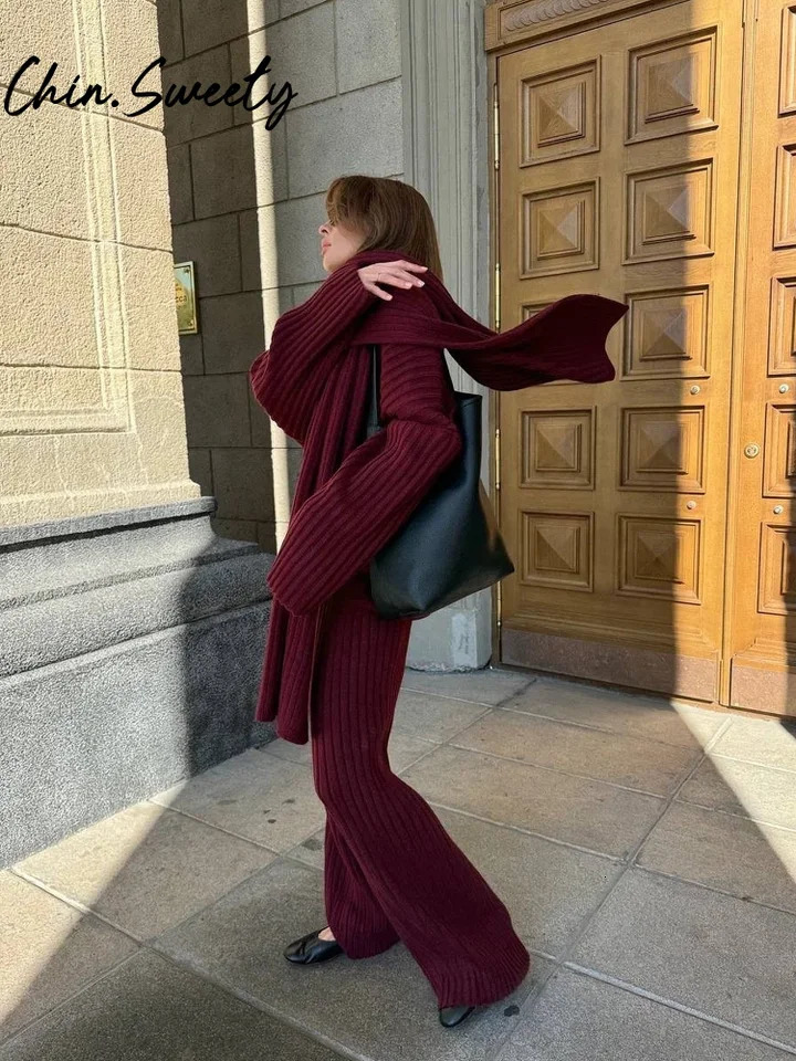 Casual solid knitted woolen suit with scarf womens lazy V-neck long sleeves wide legs pulled together Trouser autumn womens suit 241031