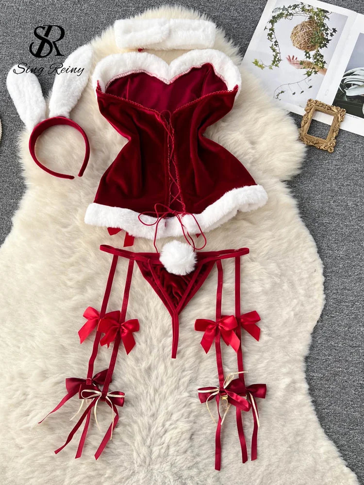 SINGREINY Cosplay Rabbit Maid Sexy Nightwear Halter Splice Fur Bow Lingerie Combination Christmas Erotic Porno Underwear Sets 241031