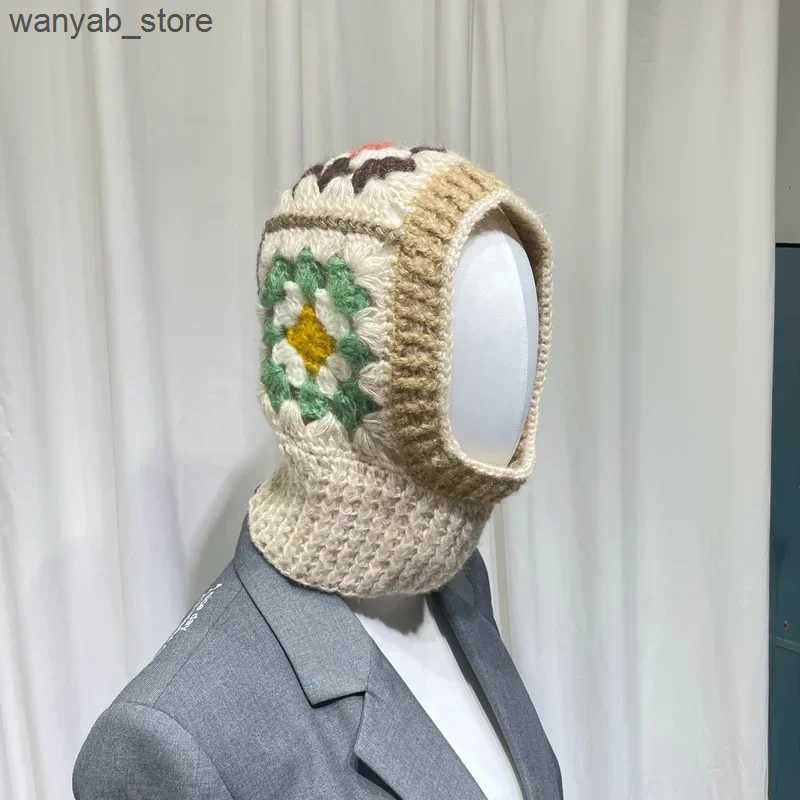 Wide Brim Bucket Handmade Crochet Balaclava Hats for Women Autumn and Winter Wool Knitted Pullover Beanies Cap Neck Warmer Female Hooded Caps L240910 
