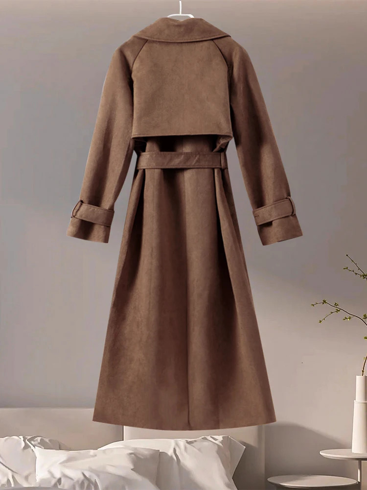 Suede with retro lapel double chest split style coat autumn womens long jacket street top 241031