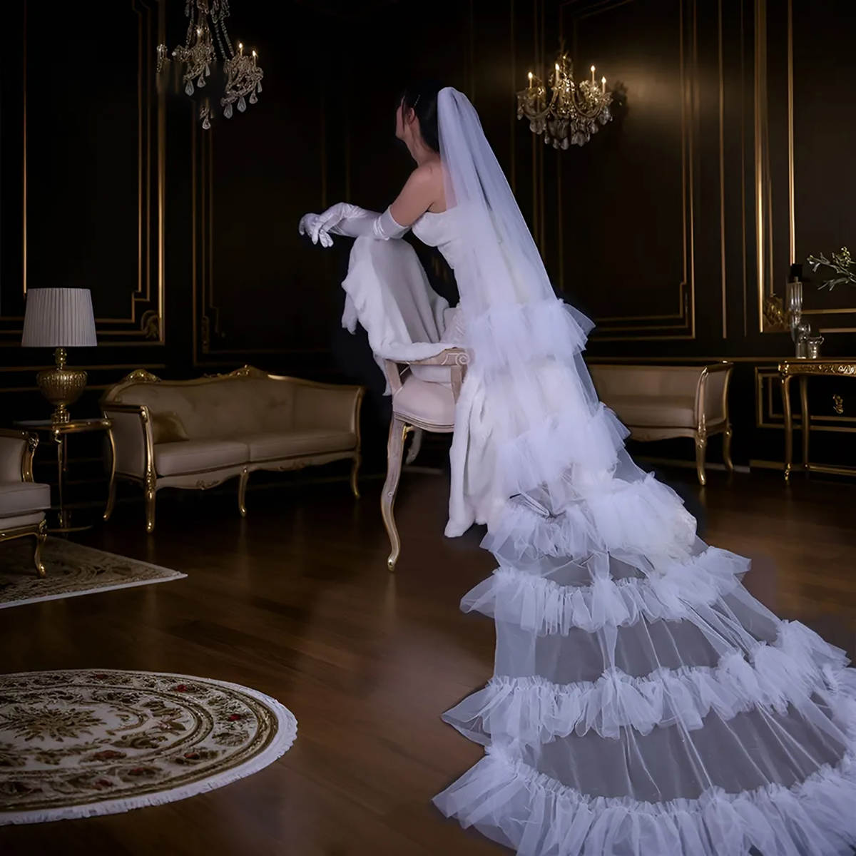 Customized Tiered Wedding Veils Ruffles Lace One Layer Cathedral Length Bride Veil Applique Edge With Comb Bridal Accessories