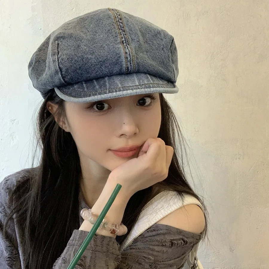 Cowboy Beret Lady Spring Autumn Big Head Round Short Eave Show Face Small Artistic sboy Cap Outdoor Fashion M537 241031