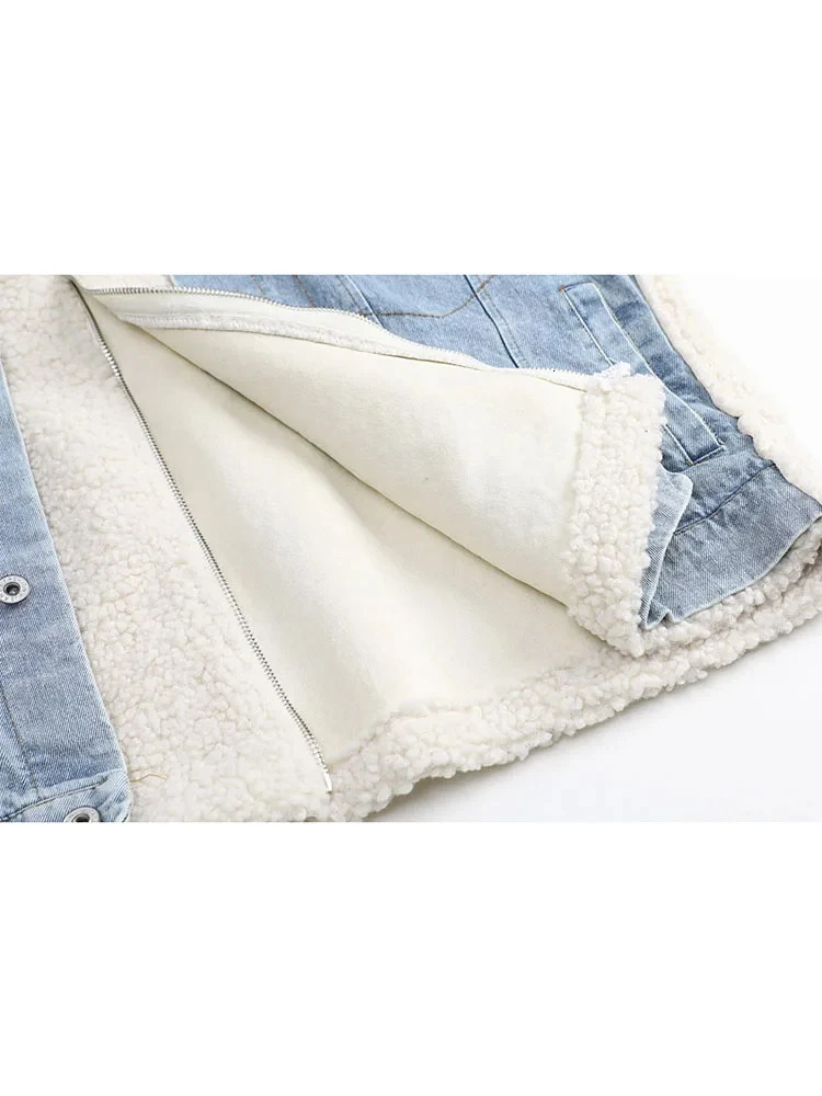 Womens Patchwork Fleece Denim Jacket Vintage Harajuku Long Sleeve Jean Jacket Outerwear Korean Y2k Denim Coat 2000s 90s Clothes 241031