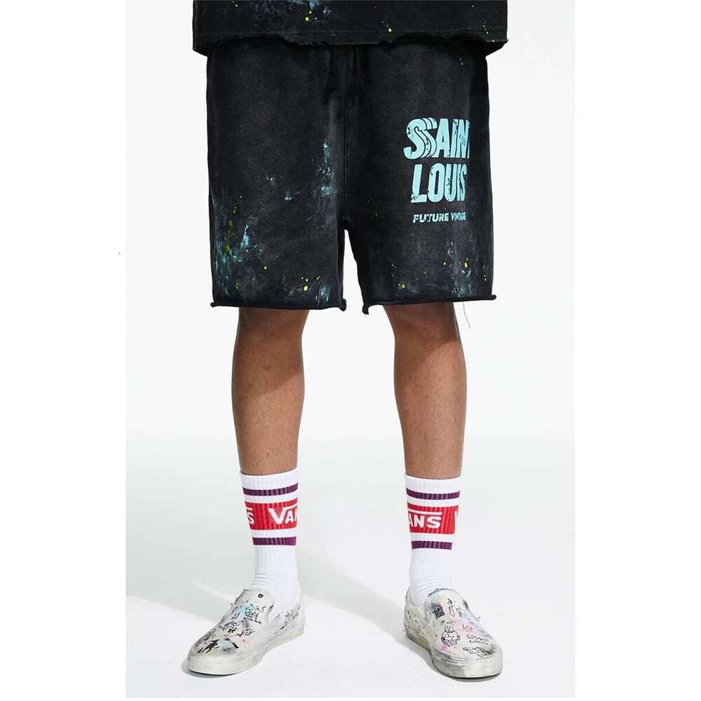 SAINT Clothing Handmade Ink Spray Retro Style Loop Fabric Summer Men's And Women's Casual Shorts Wash Black High Quality