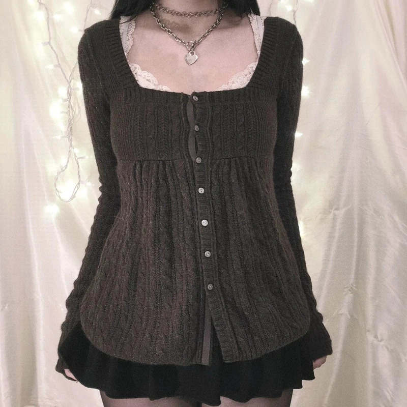 00s Aesthetic Kawaii Knitwear Tshirt Women Clothes Coquette Grunge Y2K Vintage Sweater Single Breasted Long Sleeve Cardigan 241031