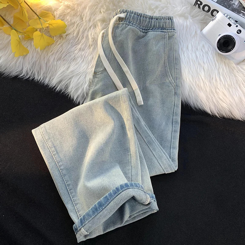 Autumn Jeans Mens Baggy Straight Drawstring Elastic Waist Personality Fashion Vintage Denim Trousers Streetwear 3XL 241024