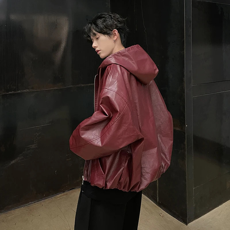 Oversized retro loose Pu leather puff sleeve short sleeved jacket for mens streetwear mens zipper retro motorcycle jacket 241031