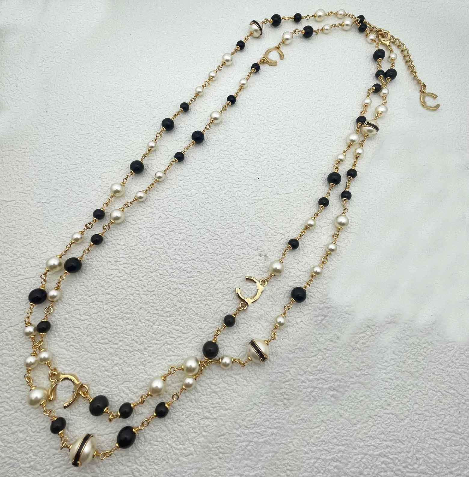18K Gold Plated Long Necklace with White Shell Beads Black Charm Pendant Z250910