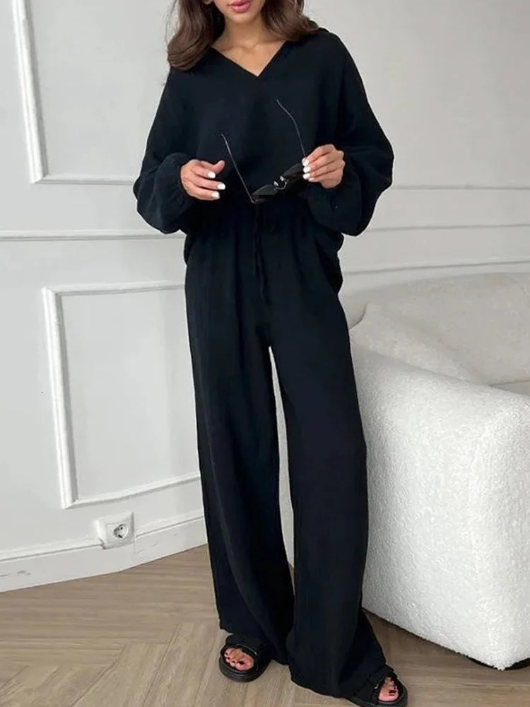 2024 Womens Autumn 2 Piece Outfits Vneck Long Sleeve Shirt Loose Wide Leg Pants Linen Lounge Sets with Pockets 241031