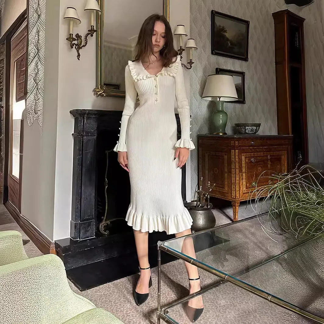 Womens long skirt V-neck summer casual Korean fashion women full match clothing millennial vintage dress 241031