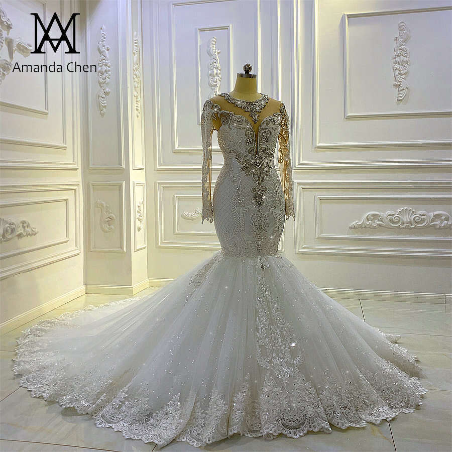 vestidos de novia 2024 Long Sleeve Lace Applique Crystal Mermaid Wedding Dress