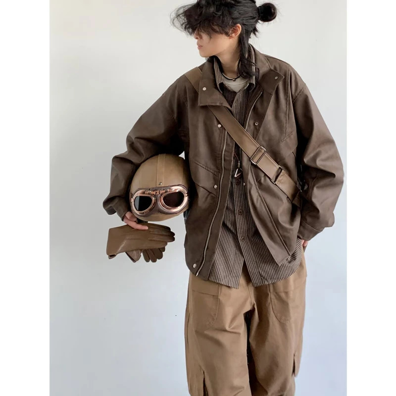 Retro motorcycle leather jacket mens stand up collar American fashion pilot jacket zipper loose profile short bomber jacket 241031