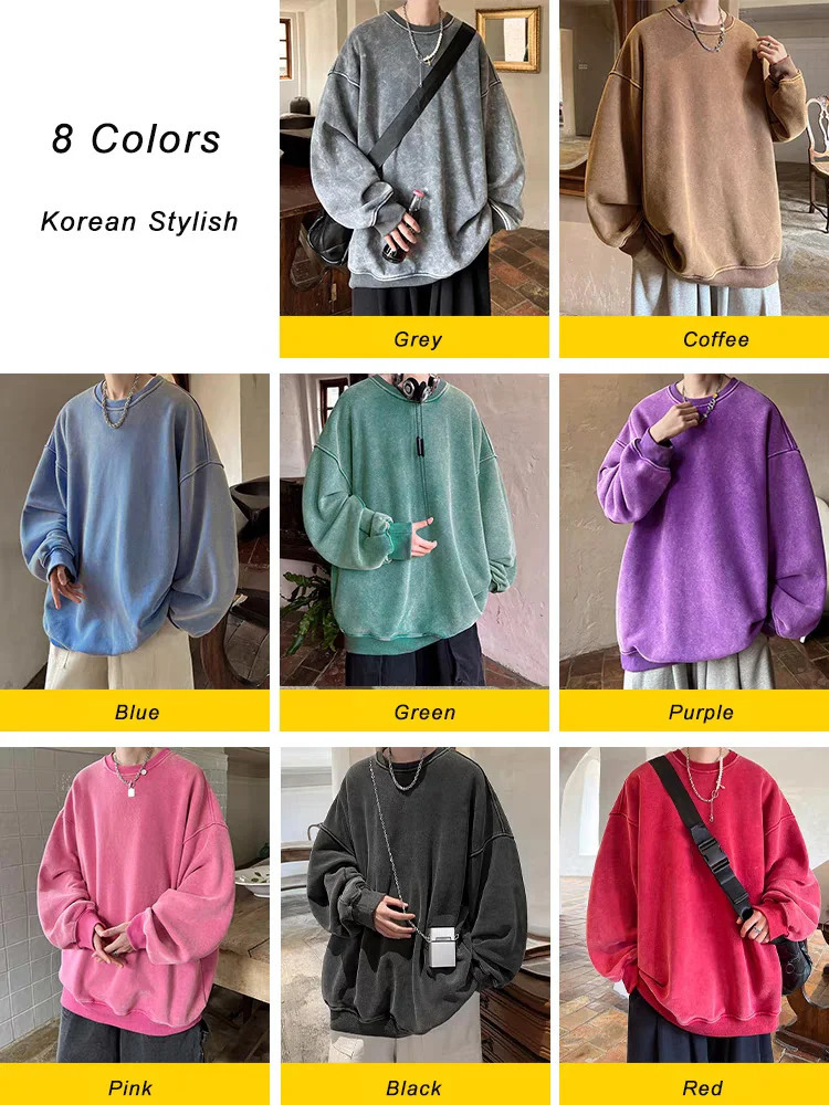 Mens Sweatshirts 360G Heavy Cotton O-Neck Unisex Couple Pullovers Y2K Clothes Streetwear Oversized Hoodie Washed Sweat Tops 241031