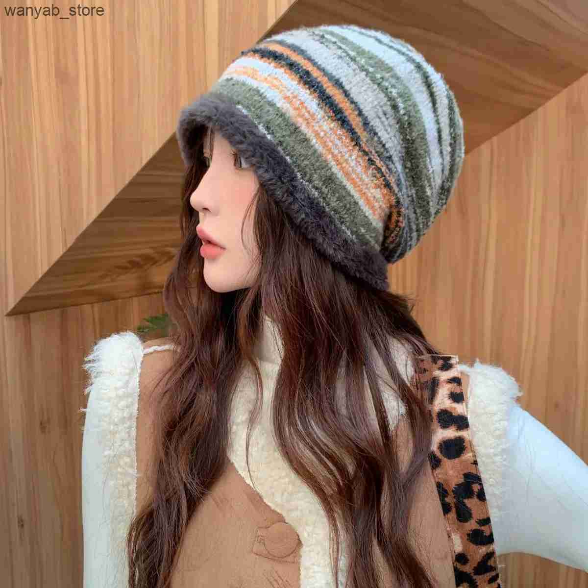 Wide Brim Hats Bucket Hats 2024 New Mink Velvet Hoody Hat Strap Beanie Hat Women Autumn Winter Warm Knitted Hat Rainbow Colored Stripe Pullover Hat Ho