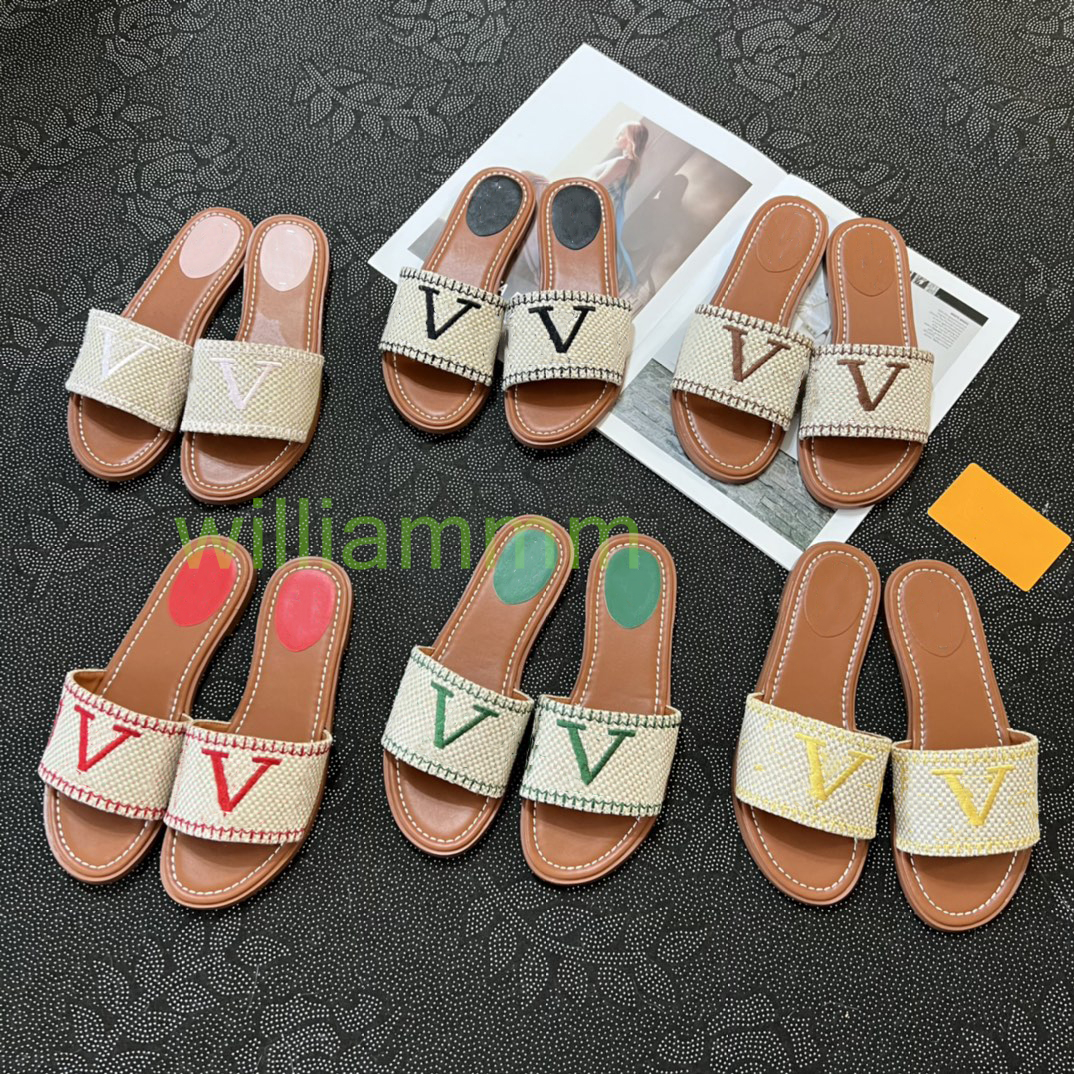 With box Designer straw slippers Fashion ladies Letter embroidered Slippers luxury Summer slippers beach flip-flops flat sandals Woven slippers d