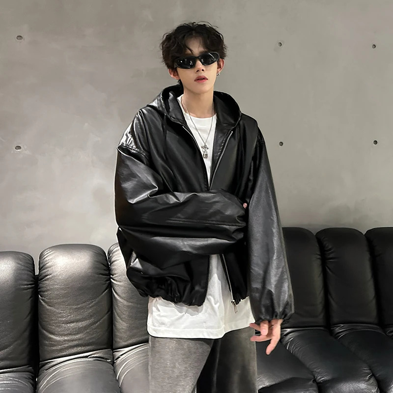 Oversized retro loose Pu leather puff sleeve short sleeved jacket for mens streetwear mens zipper retro motorcycle jacket 241031