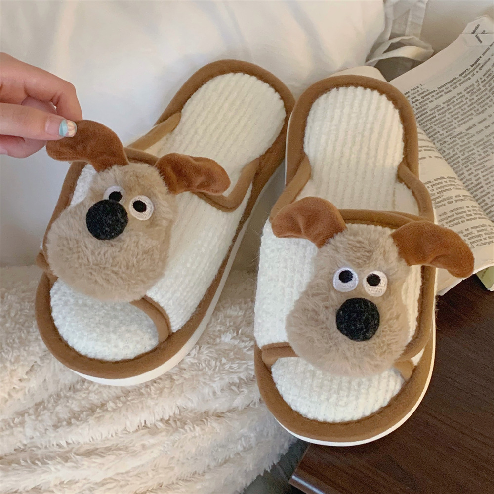 Female winter personality fun cartoon dog creative Velcro fluffy cotton slippers Warm and interesting shoes for home bedroom in winter