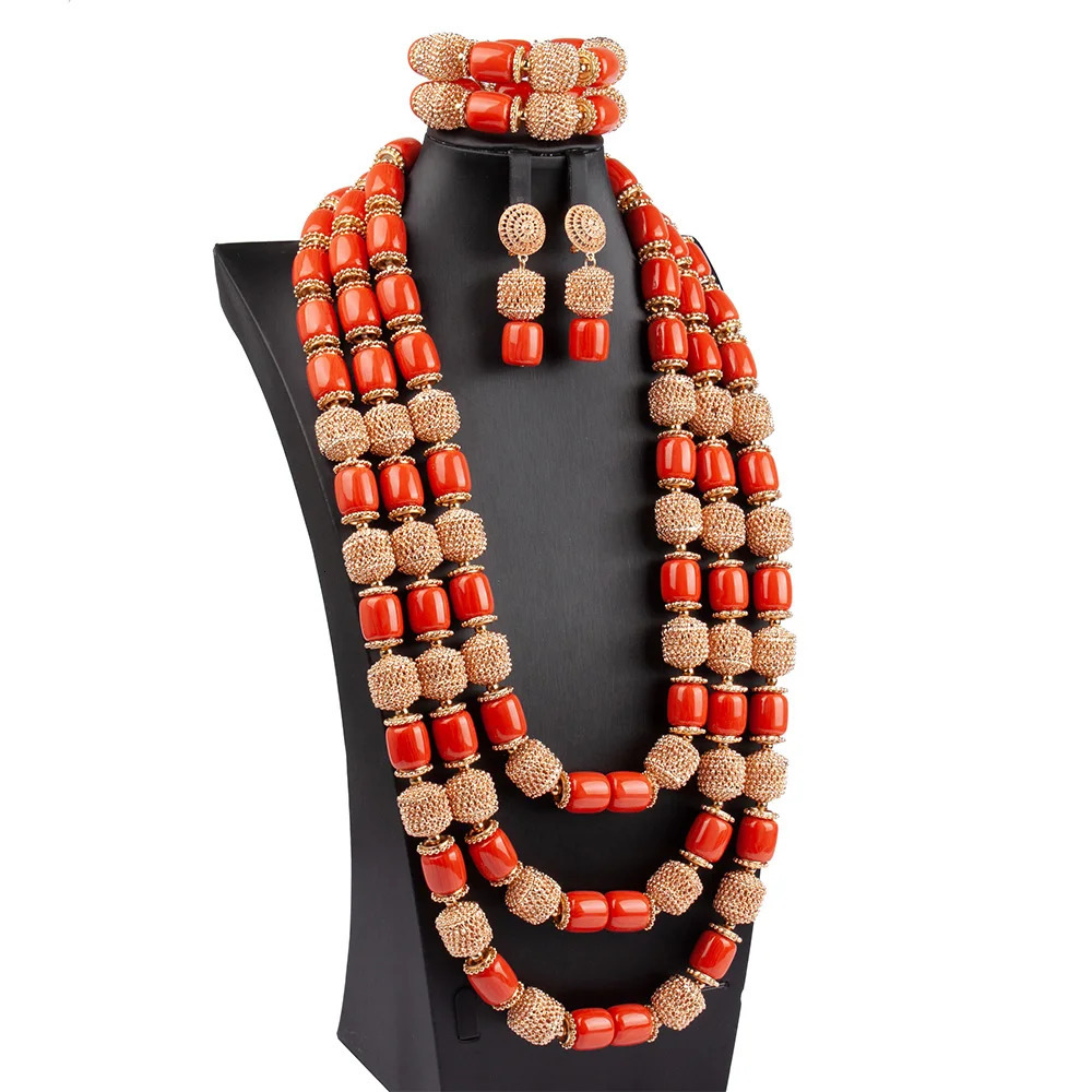 Fashionable 3-layer womens necklace earring bracelet set African Nigerian wedding artificial coral bead jewelry set free delivery 241031