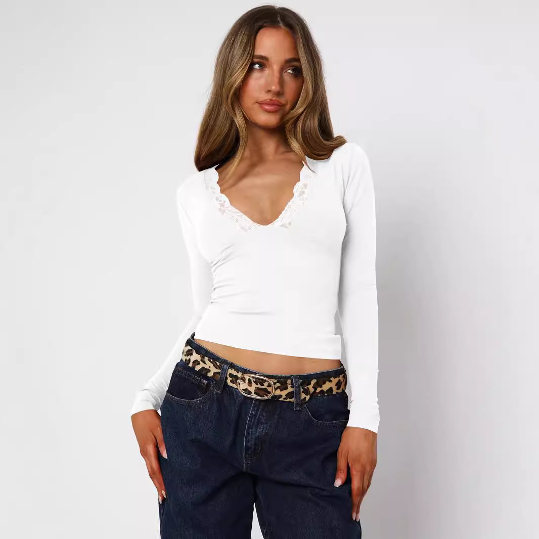 Fashionable V-neck lace and lace patchwork design slim fit short top autumn T-shirt for women 210302