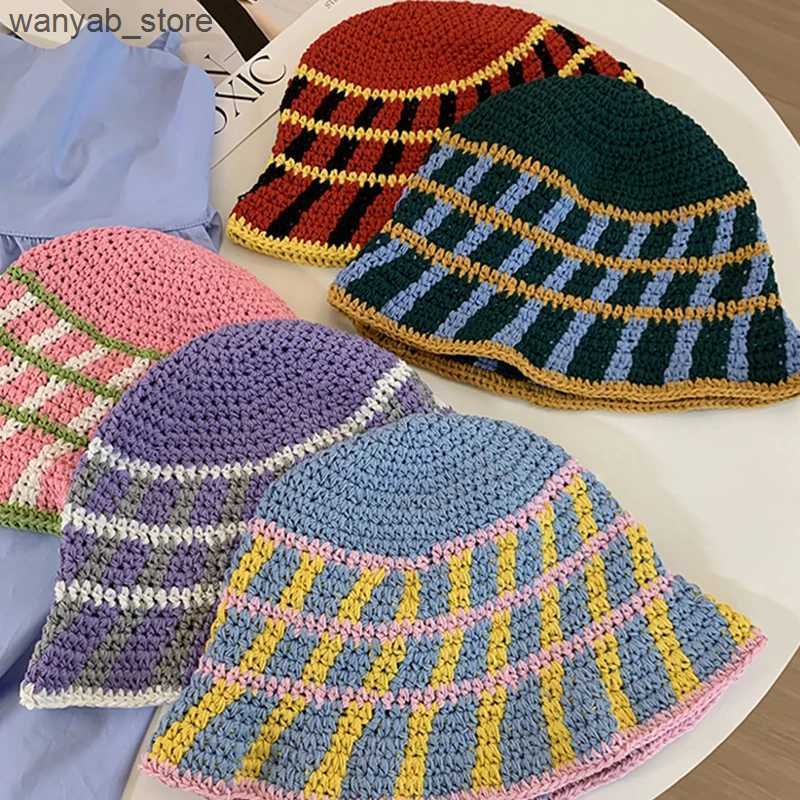 Wide Brim Hats Bucket Hats Handmade Stripe Crochet Knitted Bucket Hat Thermal Tub Hat Vintage Cold Cap Spring Autumn Wool Basin Hat Y2K L240910
